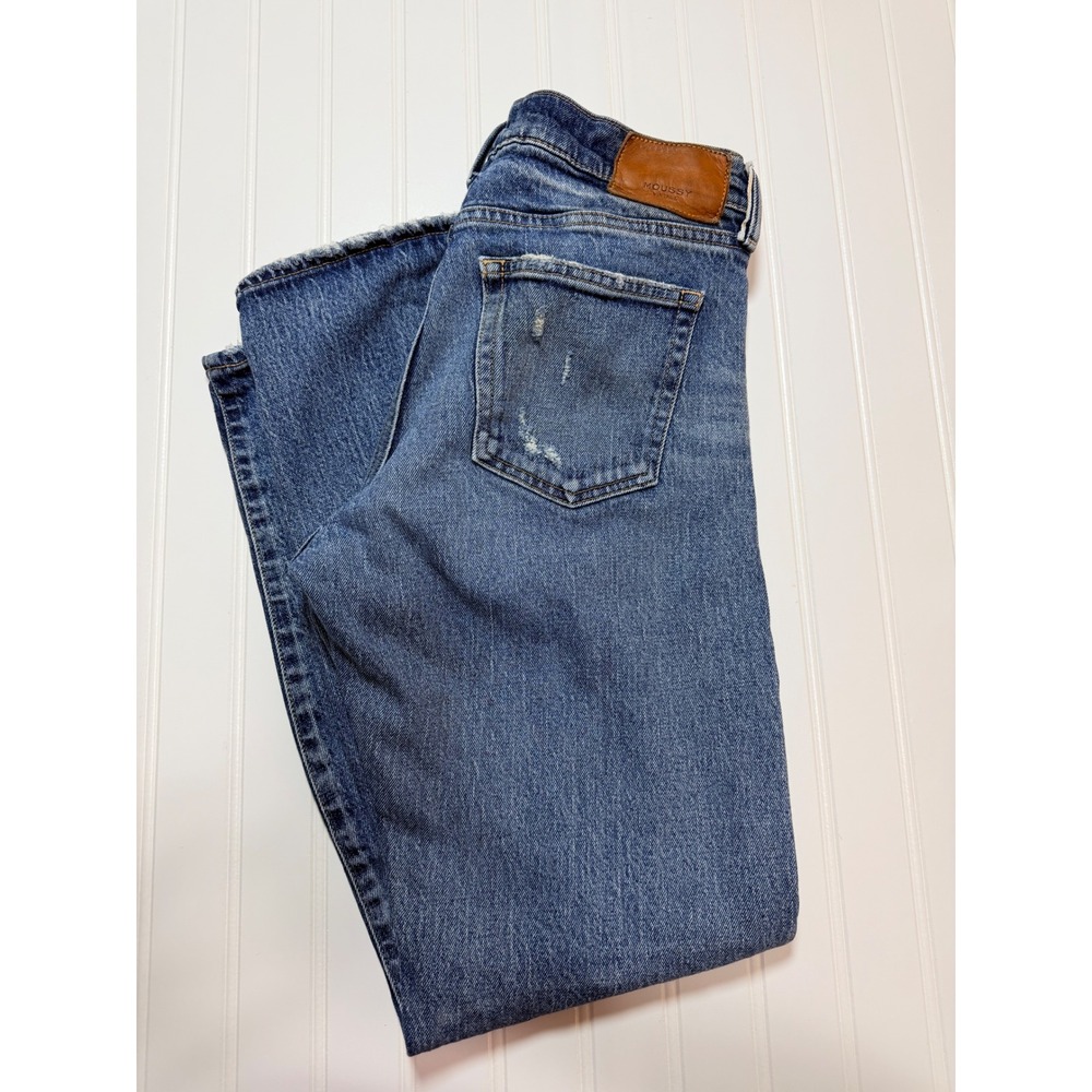 Moussy Vintage Blue Straight Leg Distressed Jeans Made in Japan Raw Hem Womens